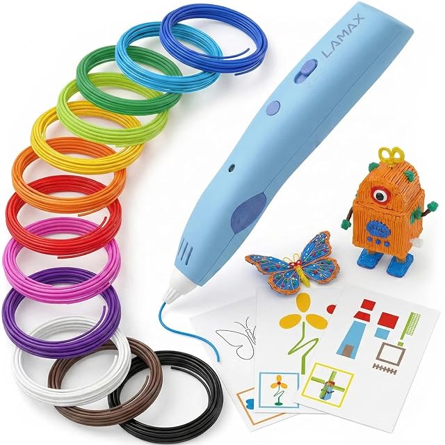 Lamax ArtKid1 blue cordless 3D pen with coils of coloured filament