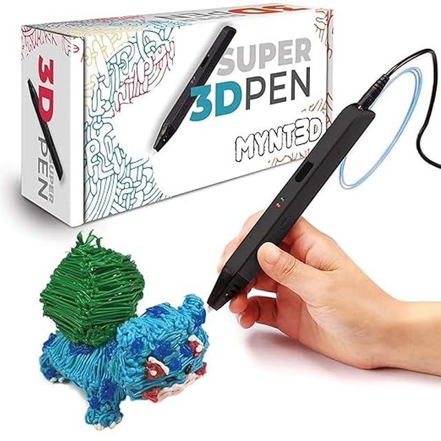 MYNT3D Super 3D Pen, slim black pen held in hand beside its box