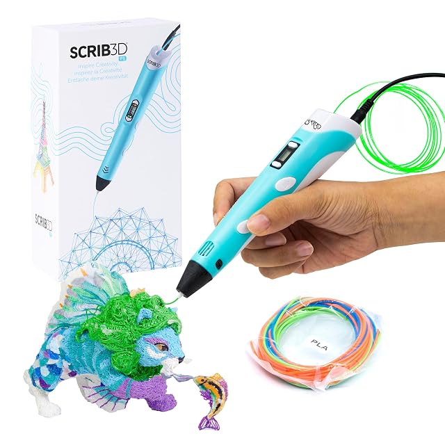SCRIB3D P1 3D printing pen with a small display and a coil of PLA filament