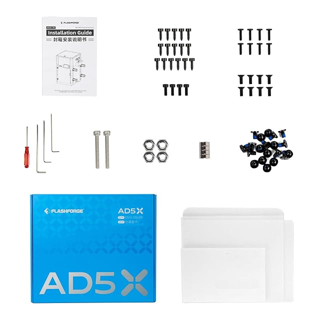 Flashforge AD5X enclosure kit parts: panels, screws, tools and installation guide