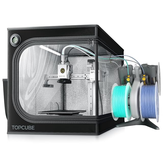 TOPCUBE tent enclosure with a window and hygrometer around a compact 3D printer