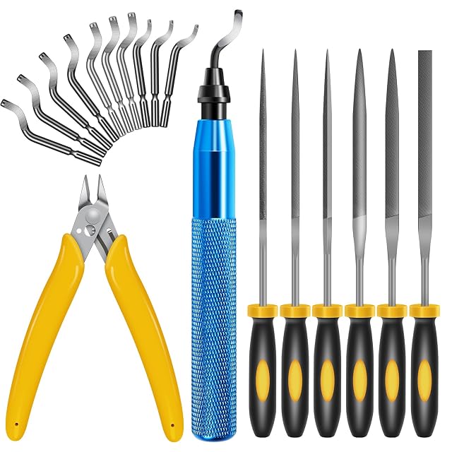 Blue knurled deburrer with ten spare blades, a yellow flush cutter and six needle files