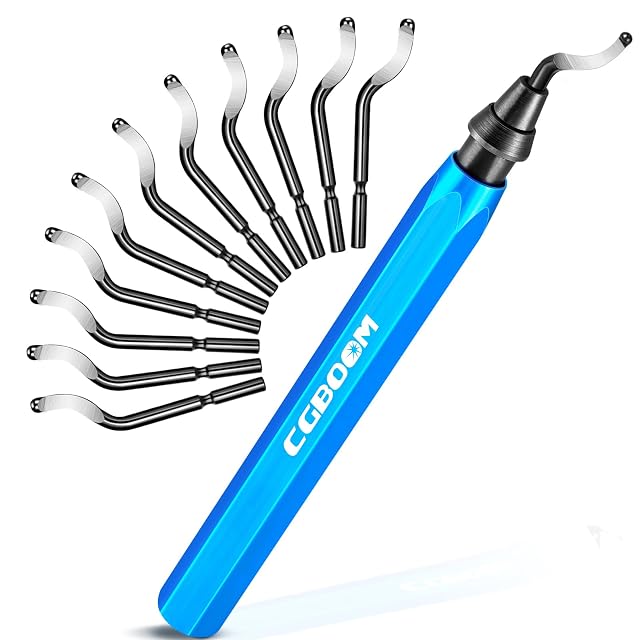 Blue hexagonal CGBOOM deburrer handle with a fitted blade and ten spare blades fanned out