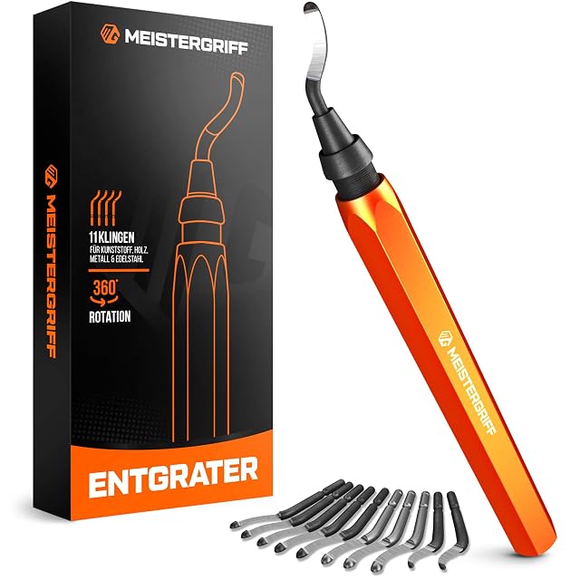 Orange MEISTERGRIFF deburrer with a fitted blade, ten spare blades and its black box printed Entgrater