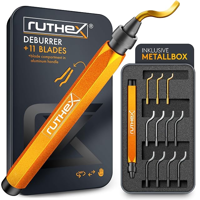 Orange ruthex deburrer with a gold blade, and an open metal box holding the handle, three gold and eight black blades