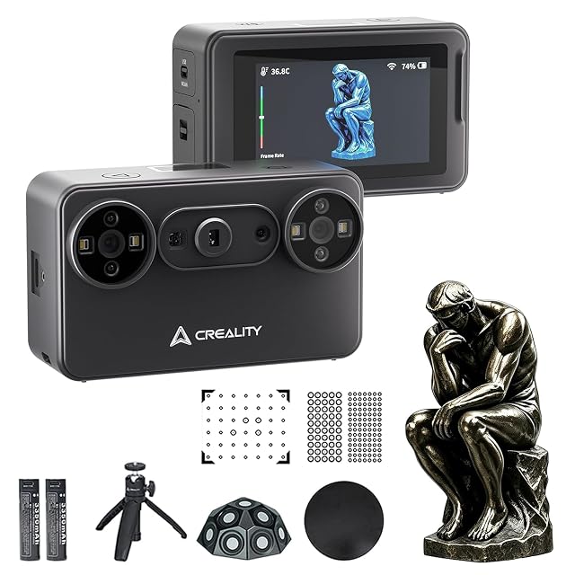 Creality Pika compact 3D scanner with its screen, batteries and tripod
