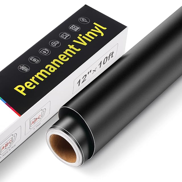 Matt black vinyl roll beside a box printed Permanent Vinyl, 12 in × 10 ft