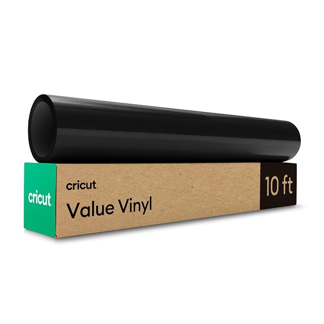 Black roll on a kraft Cricut box labelled Value Vinyl, 10 ft