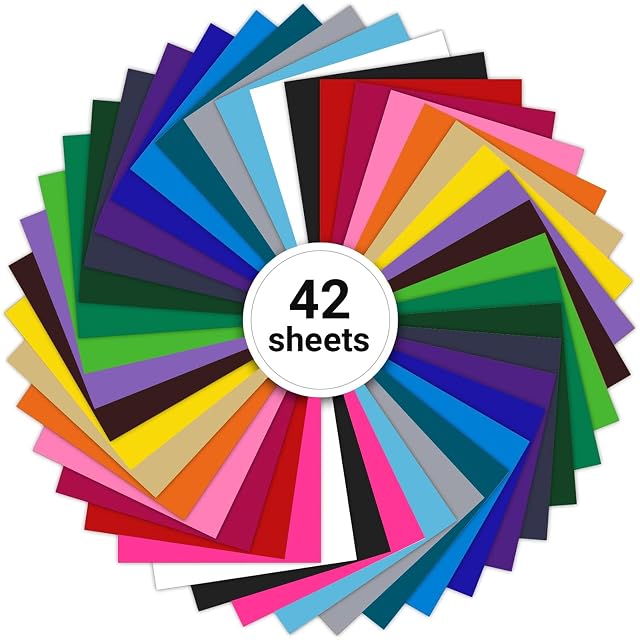 Forty-two coloured vinyl sheets fanned in a circle around a 42 sheets label