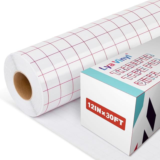 White transfer tape roll printed with a red grid, beside a Lya Vinyl box marked 12 in × 30 ft