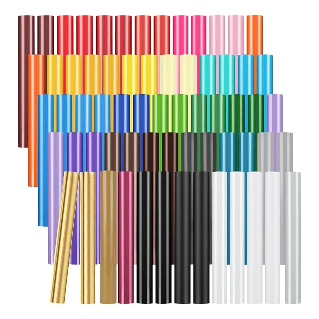 Rows of rolled vinyl sheets in many colours, gold, black and white among them