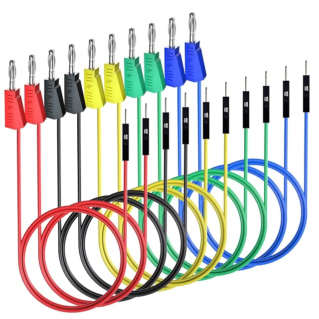 Ten silicone leads in red, black, yellow, green and blue pairs, stackable banana plugs at one end and pins at the other