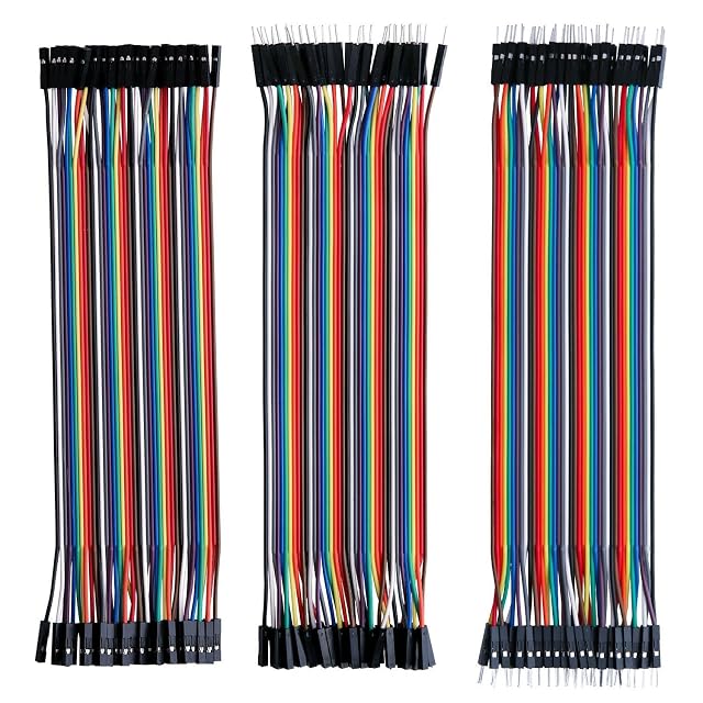 Three equal-length rainbow jumper ribbons: socket to socket, socket to pin and pin to pin
