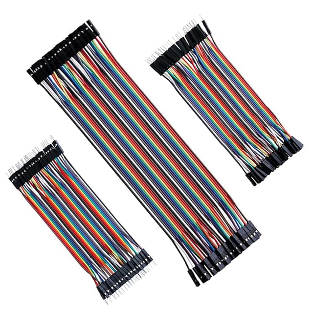 Three rainbow jumper wire ribbons, one long and two short, with pin and socket ends