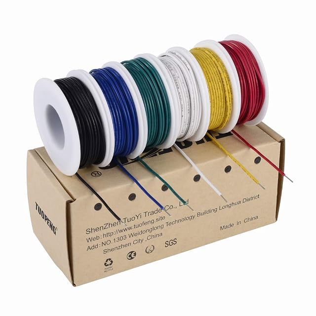 Six spools of wire in black, blue, green, white, yellow and red on a TUOFENG box