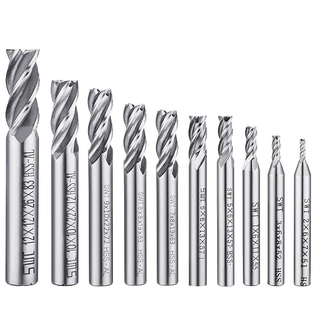 Ten bright steel 4-flute end mills from 2 to 12 mm, shanks stamped SWT with sizes and HSS-AL