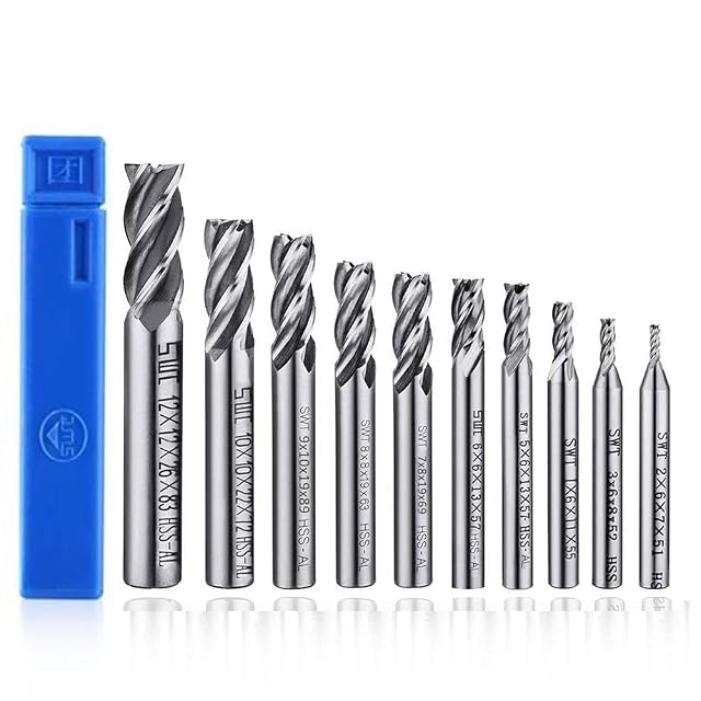 Ten bright steel 4-flute end mills from 2 to 12 mm beside a blue case, shanks stamped SWT with sizes and HSS-AL