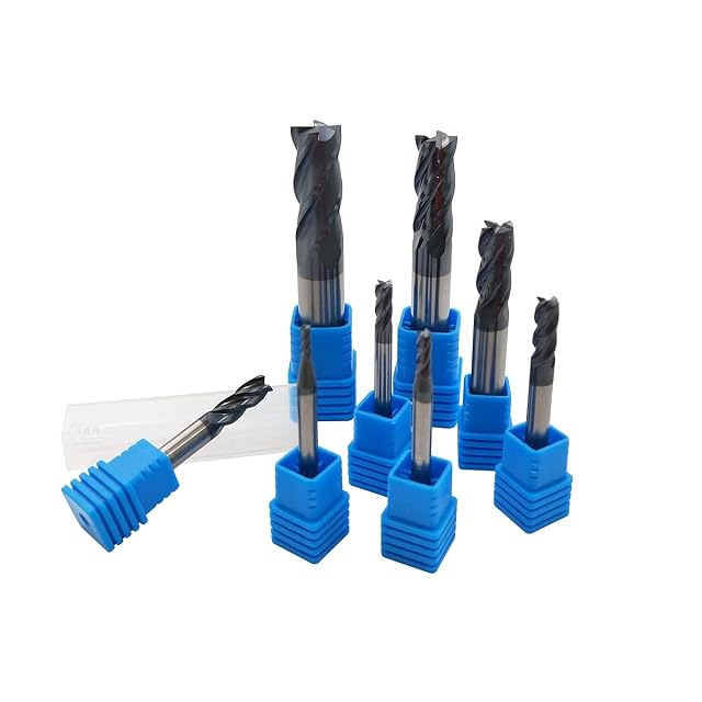 Eight dark-coated 4-flute end mills standing in blue plastic caps, one in a clear tube