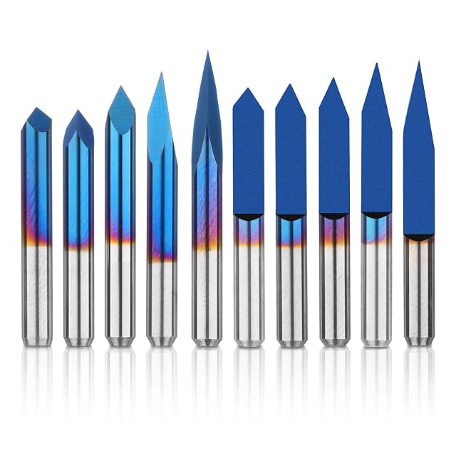 Ten blue-coated engraving bits on silver shanks, five round-ground V-points and five flat triangular tips