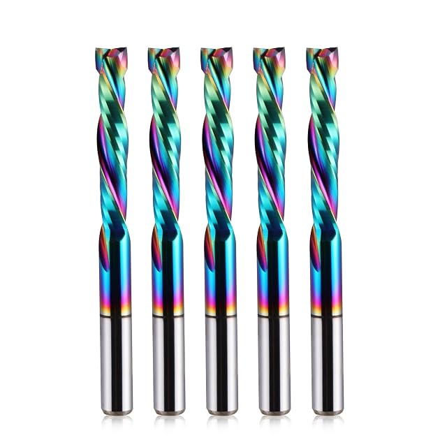 Five 2-flute spiral cutters with an iridescent rainbow coating and plain silver shanks