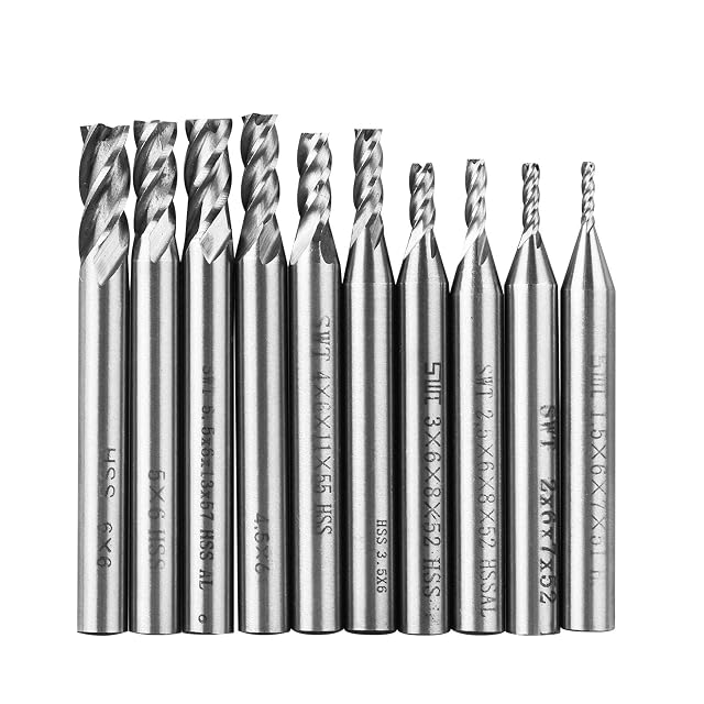 Ten bright steel 4-flute end mills from 1.5 to 6 mm, shanks stamped SWT with sizes and HSS