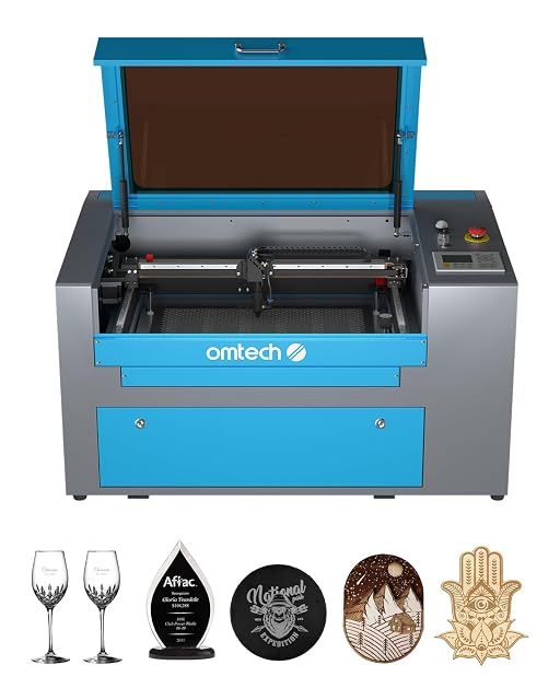 OMTech 50 W CO2 laser engraver with its lid raised and a digital control panel