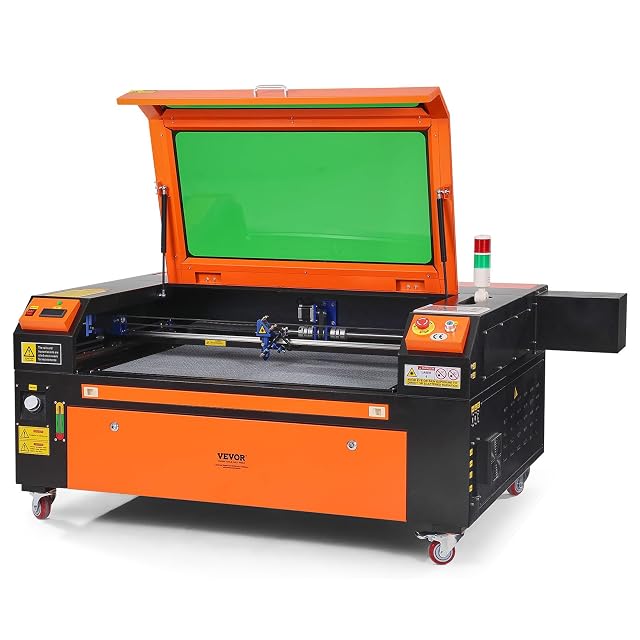 VEVOR 100 W CO2 laser cutter cabinet with a tinted lid and wheels