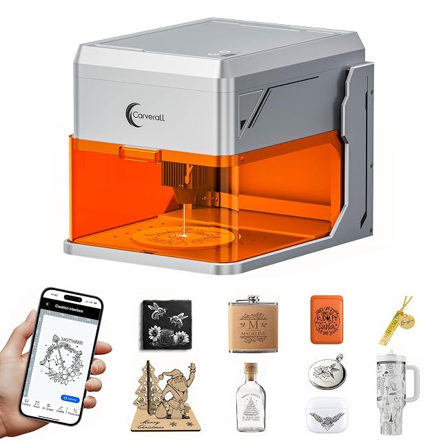Carverall A1 Pro enclosed laser engraver with an orange viewing window