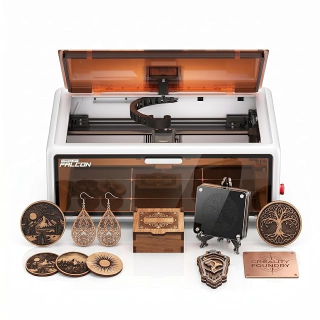 Creality Falcon A1 white enclosed laser engraver with amber-tinted windows