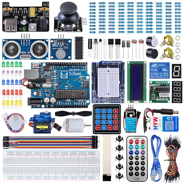 Miuzei MA13 starter kit parts with a UNO-style board, breadboard and modules