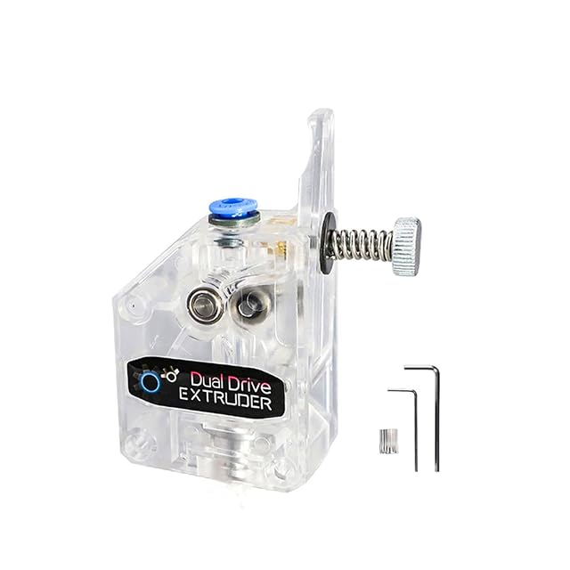Transparent extruder labelled Dual Drive Extruder, two gears visible inside, with tension screw, spring and two hex keys