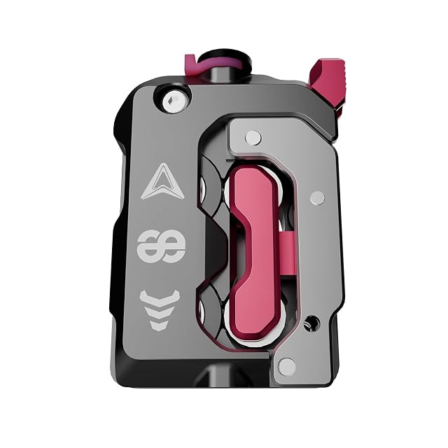 Dark grey extruder with a red swing arm and three engraved logos, one of them the Creality triangle