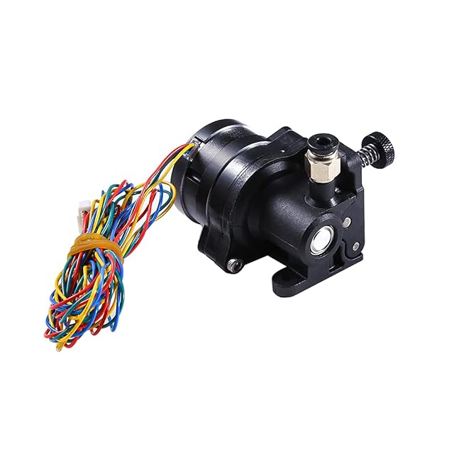 Black compact direct drive extruder with a round motor, coloured wires, tension knob and push-in fitting