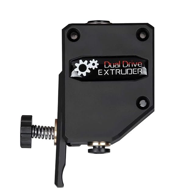 Black extruder labelled Dual Drive Extruder, with a knurled tension knob on a spring