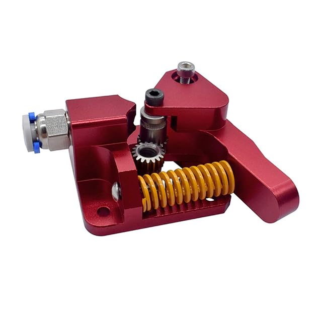 Red aluminium extruder with its gears, a yellow tension spring and a push-in fitting