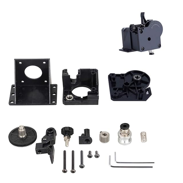 Titan-style extruder kit in parts — bracket, housing halves, large gear, drive gear, knob, spring, fitting, screws, hex keys — beside the assembled unit