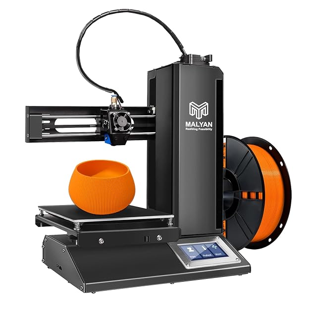 Malyan M320 compact 3D printer with a touchscreen and an orange filament spool