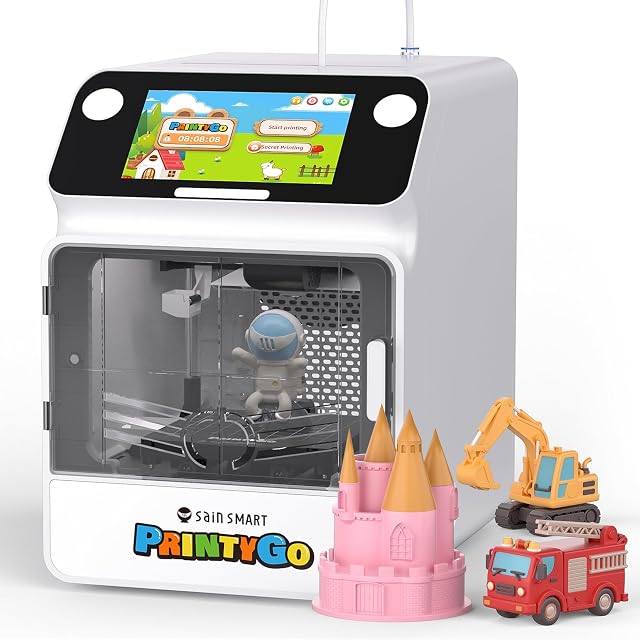 SainSmart PrintyGo Mini enclosed 3D printer with a front door and touchscreen