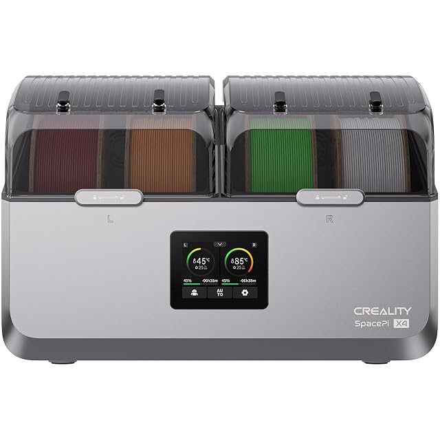Creality Space Pi X4 four-spool filament dryer with two lidded chambers and a touch screen