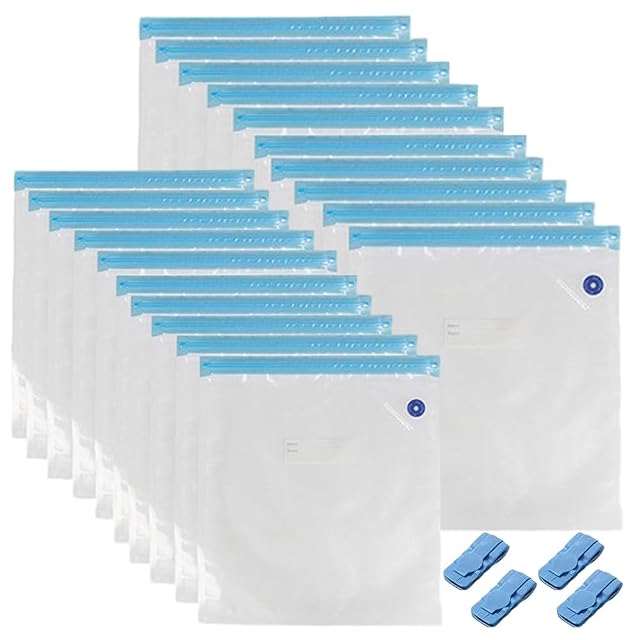 Twenty transparent bags with blue zips, two stacks of ten, each front bag with a round valve, and four blue clips