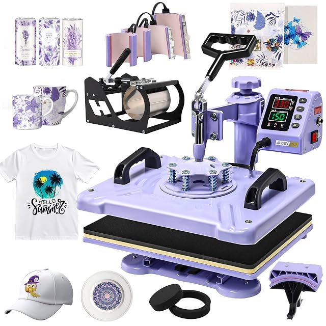 AKEYDIY 5-in-1 swing-away heat press with mug, cap and plate attachments