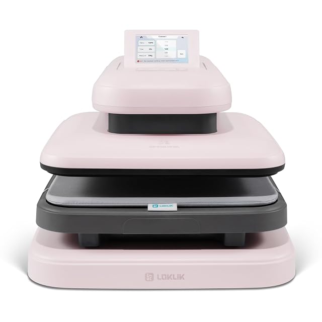 LOKLiK ImPress Auto Heat Press 2 in pink with a touchscreen on its upper plate
