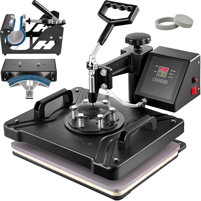 VEVOR 5-in-1 swing-away heat press with mug and cap attachments