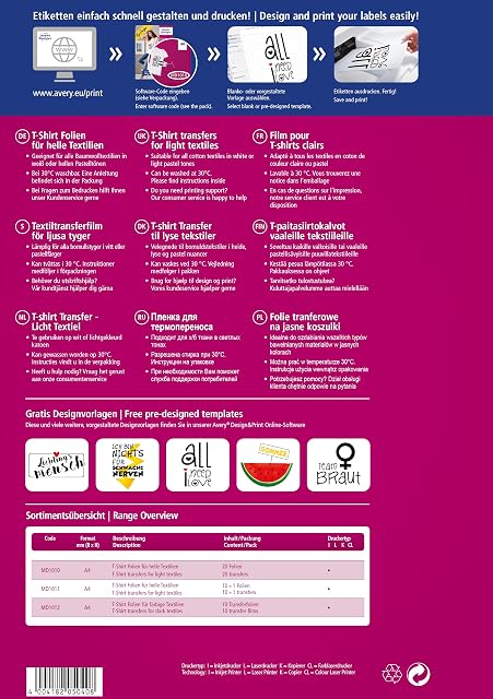 Back of the AVERY Zweckform pack: multilingual instructions, free design templates and a range table listing MD1010, A4, 20 sheets