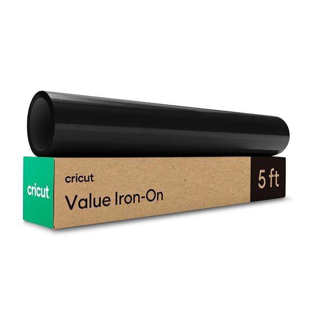 Black roll on a kraft Cricut box labelled Value Iron-On, 5 ft
