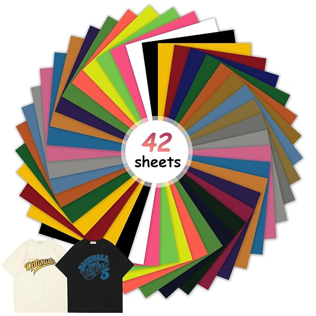 Forty-two coloured vinyl sheets fanned in a circle around a 42 sheets label, with two printed T-shirts