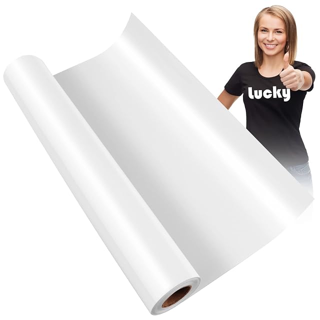 White vinyl roll unrolled in front of a person in a black T-shirt printed lucky