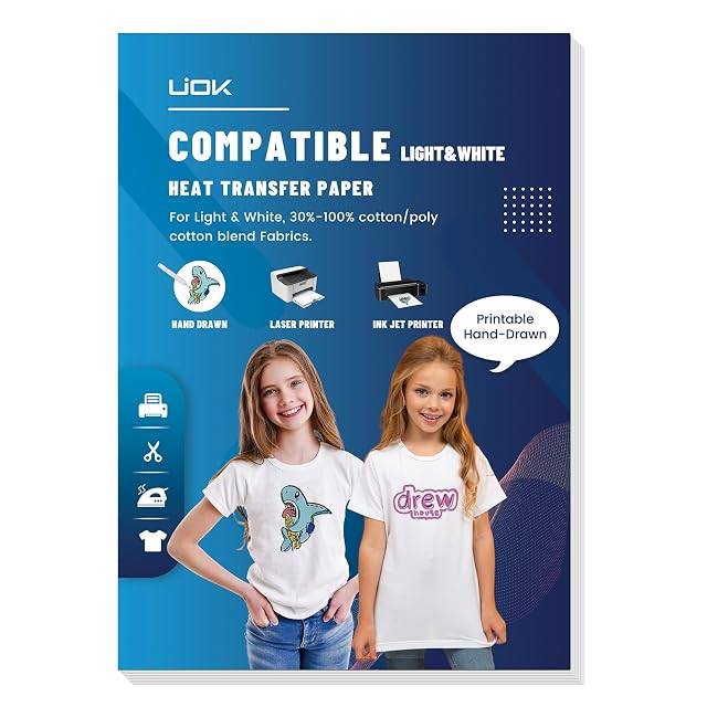 UIOK heat transfer paper pack for light and white 30–100 % cotton fabrics, showing hand-drawn, laser and inkjet icons