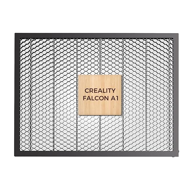 Creality honeycomb bed in a dark frame with vertical supports and a wooden tag reading Creality Falcon A1
