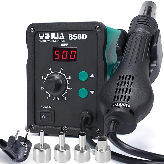 YIHUA 858D hot air rework station with its gun in the holder
